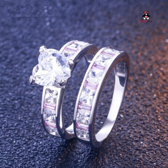 Sterling Silver Pink CZ Wedding Ring Set. - Picture 3 of 5